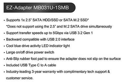 Icy Dock EZ-Adapter MB031U-1SMB Drive Enclosure SATA, M.2 - USB 3.2 (G –  Network Hardwares