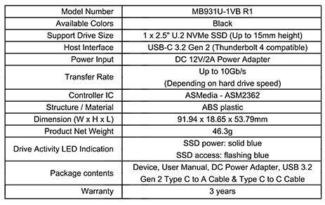 MB931U-1VB R1_Lecteur/Adaptateur SSD U.2 NVMe Thunderbolt 4 vers